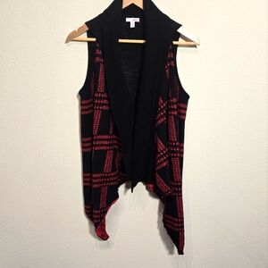 Bongo Navy Blue and Red Plaid Open Front Vest, Grandmacore, 100% Cotton Knit